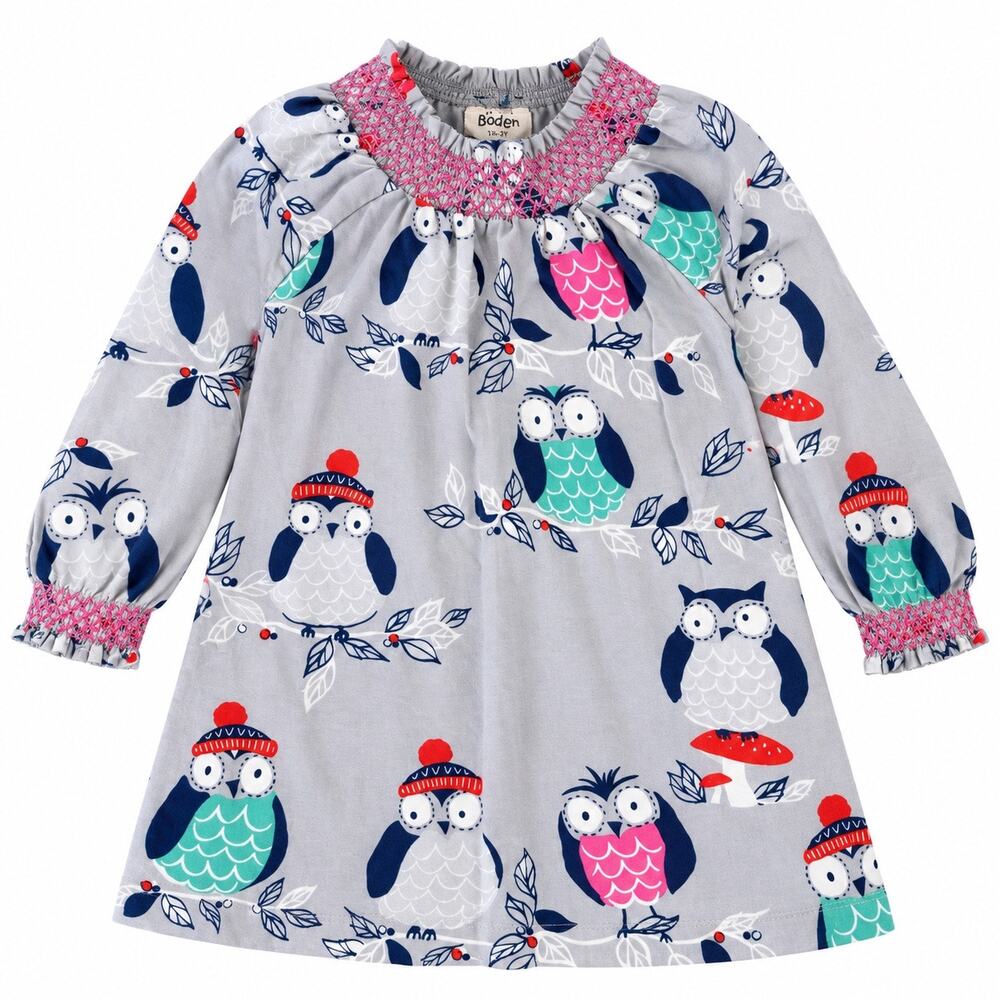 Mini Boden Girls Owl Print Smocked Dress – 18–24 Months